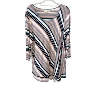 Zenergy Chico's Pink, gray, Black, and White Diagonal Striped Asymmetrical Top